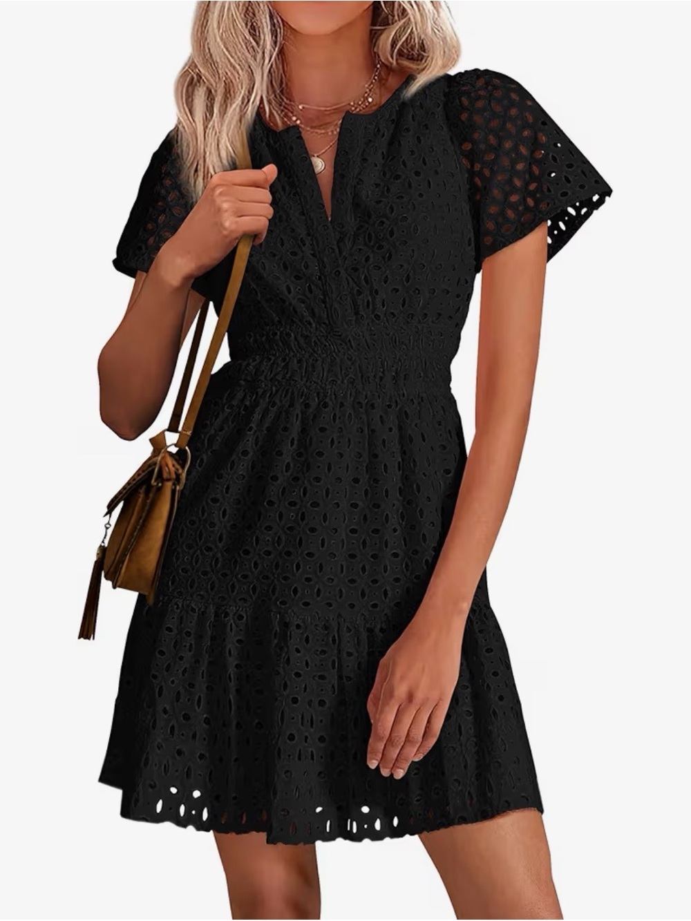 Valentina Naldi Black Eyelet V-Neck Mini Dress